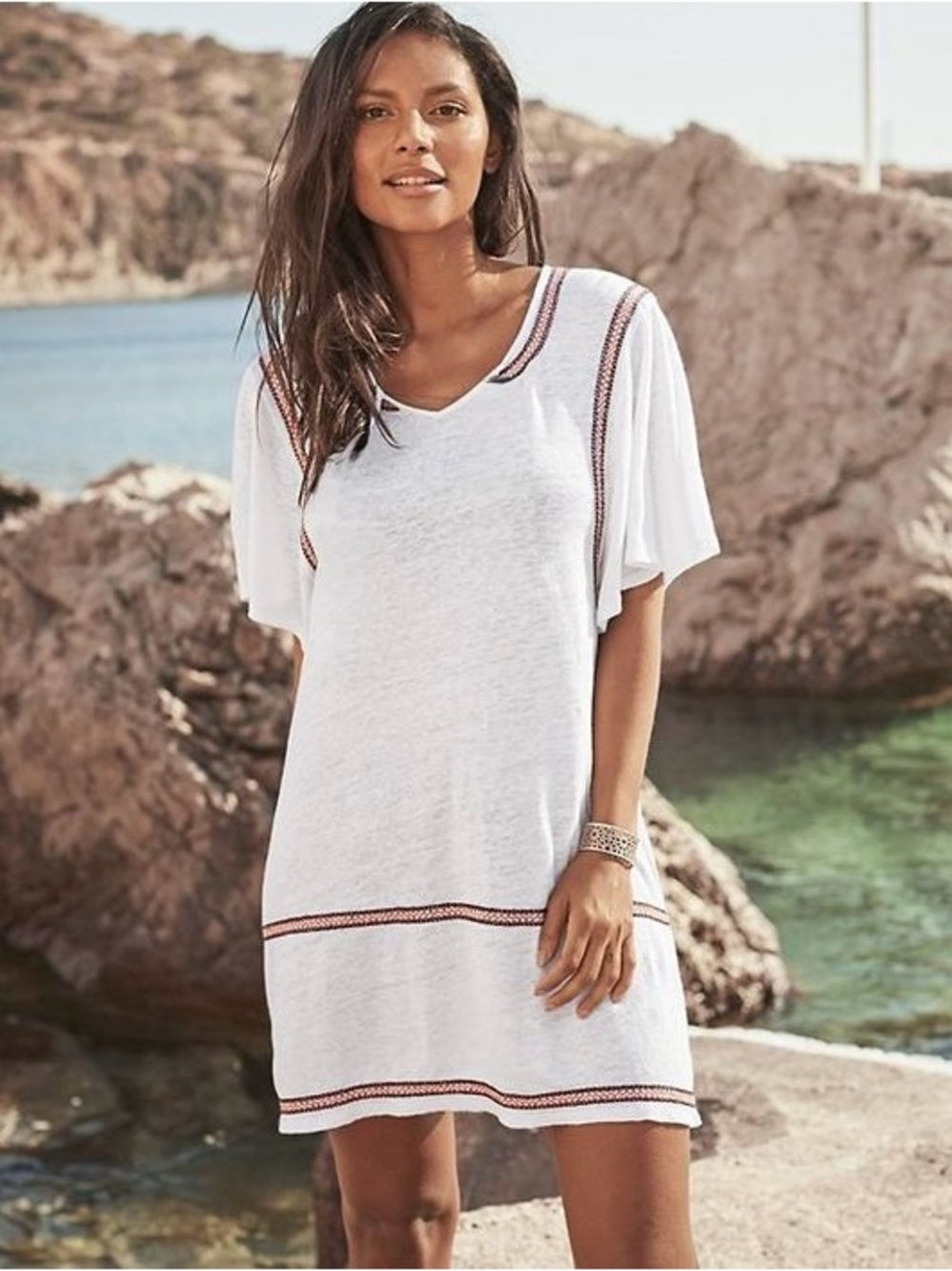 Garnet Hill 100% Organic Linen Short Slv Tunic Cover Up White Embroidery Trim XL